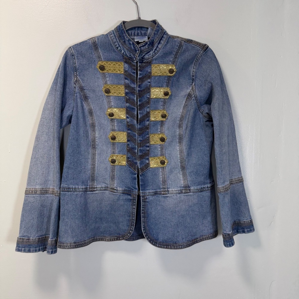 DG2 by Diane Gilman Womens Blue Denim Military Band Jacket Medium Gold Trim